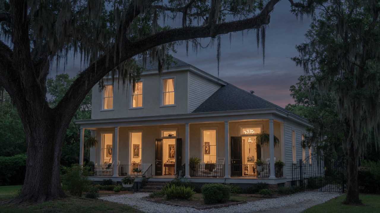 A Gulf South home at blue hour, warm light in the windows under live oaks.