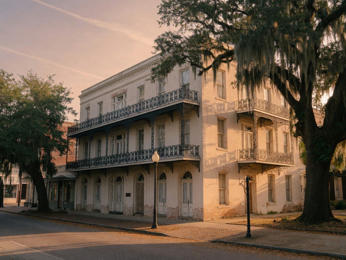 A historic Mobile, Alabama building with iron balconies and live oaks.