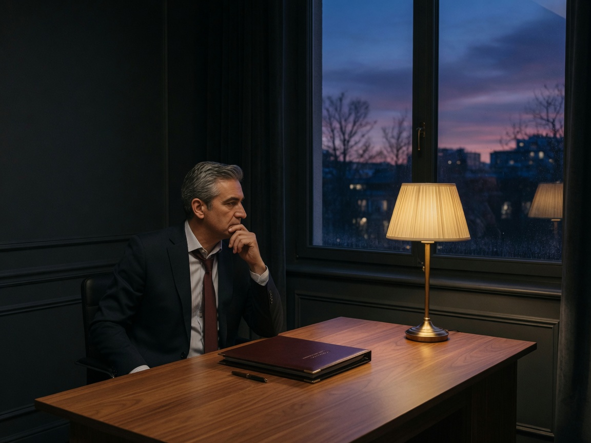 An advisor at a quiet desk at twilight.