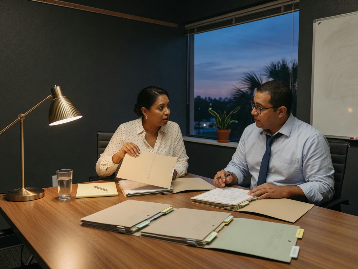 Colleagues reviewing workplace benefits folders in a small-company office.
